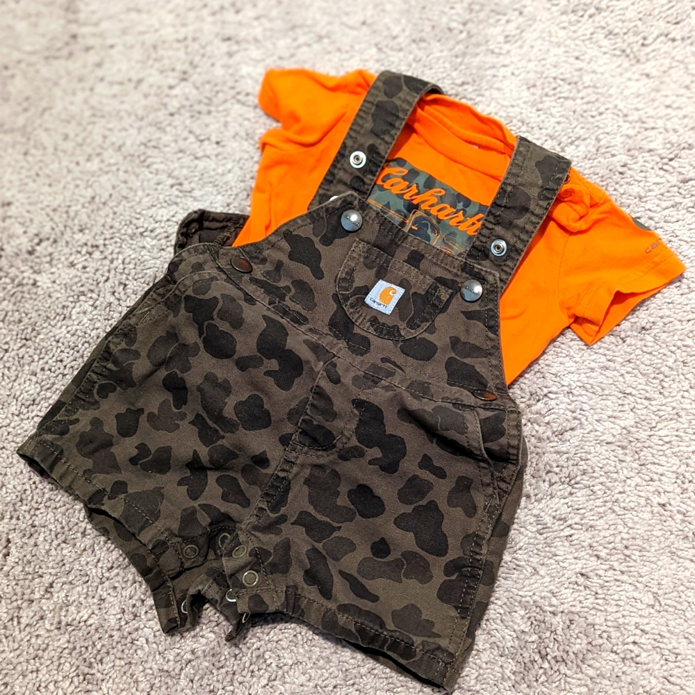 Carhartt onesie and overall set. Orange and Army print. 9 months.